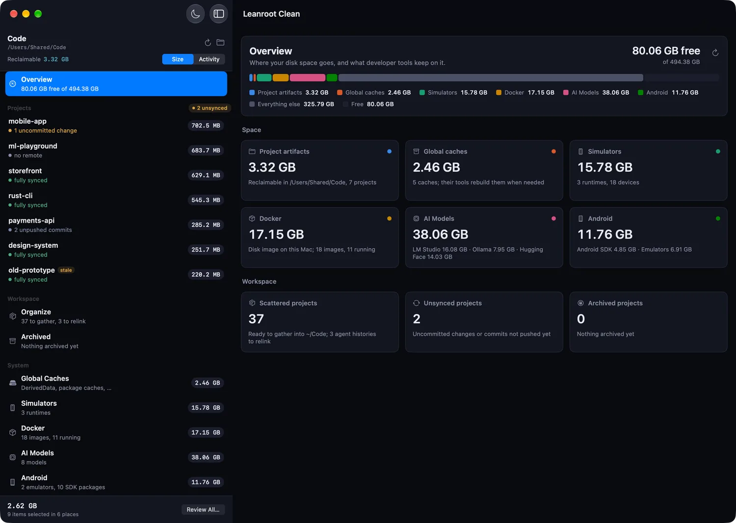 Die Übersicht von Leanroot Clean: wohin der Speicherplatz geht, von Projekt-Überresten bis zu Simulatoren, Docker und KI-Modellen.