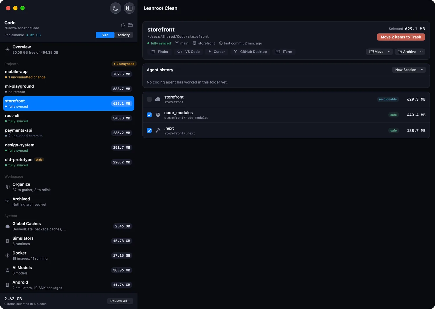 Leanroot Clean mit ausgewähltem Projekt storefront: Die Ordner node_modules und .next sind für den Papierkorb ausgewählt, und das ganze Projekt wird angeboten, weil alles gepusht ist.