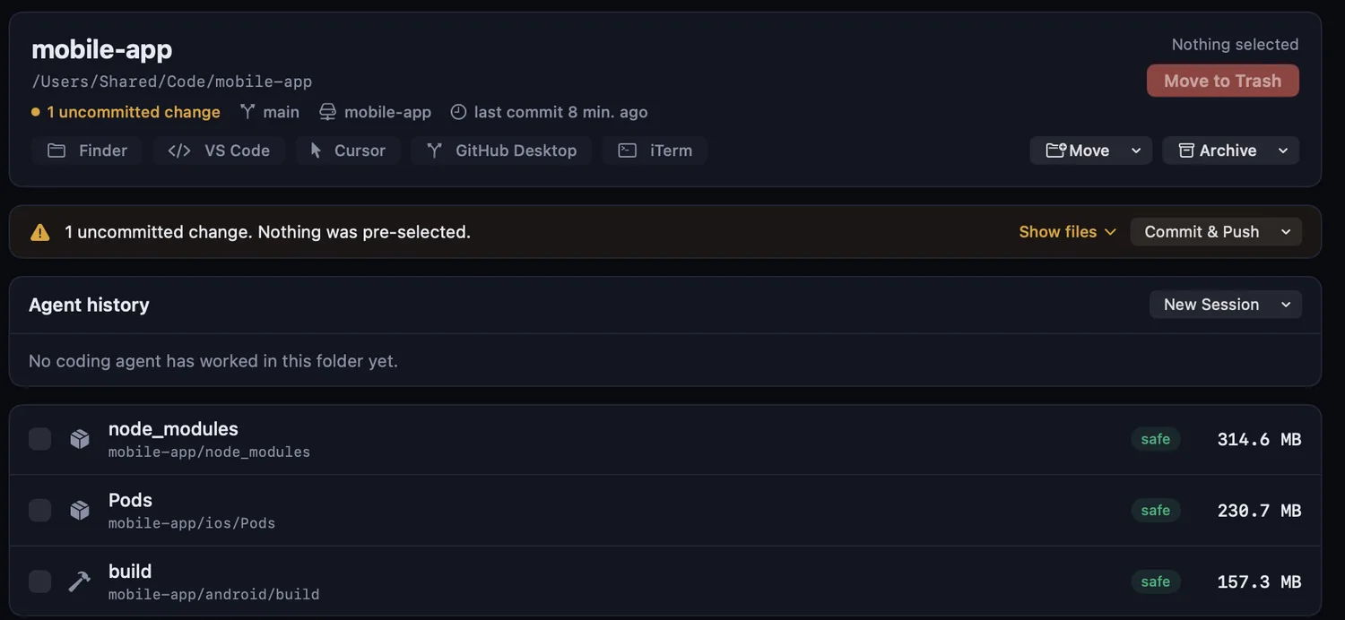 Ein Projekt mit einer Änderung ohne Commit: Leanroot Clean sagt, dass nichts vorausgewählt wurde, und bietet an, zuerst zu committen und zu pushen.